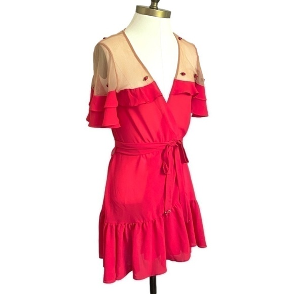 For Love & Lemons Red Mesh Shoulders Rosettes Wrap Mini Dress - XS/S, HTF style - Picture 3 of 14
